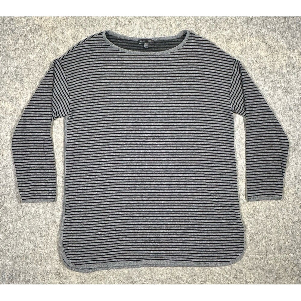 Eileen Fisher Oversized Striped Top Women’s XS Black Gray Long Sleeve Soft
